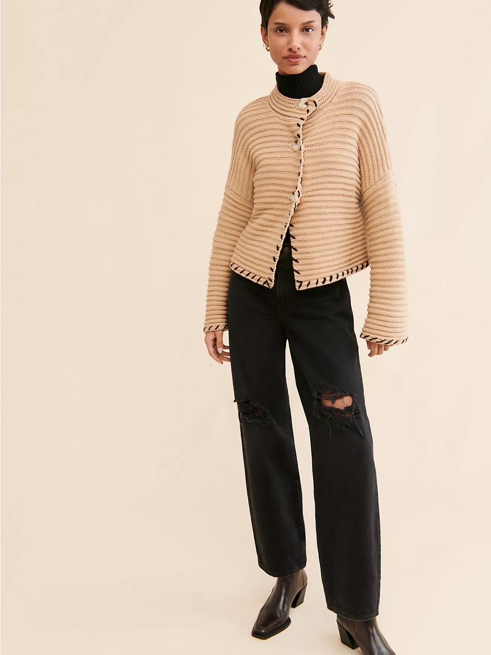 SAEMDI Anthropologie Textured Knit Bell Sleeve Cardigan